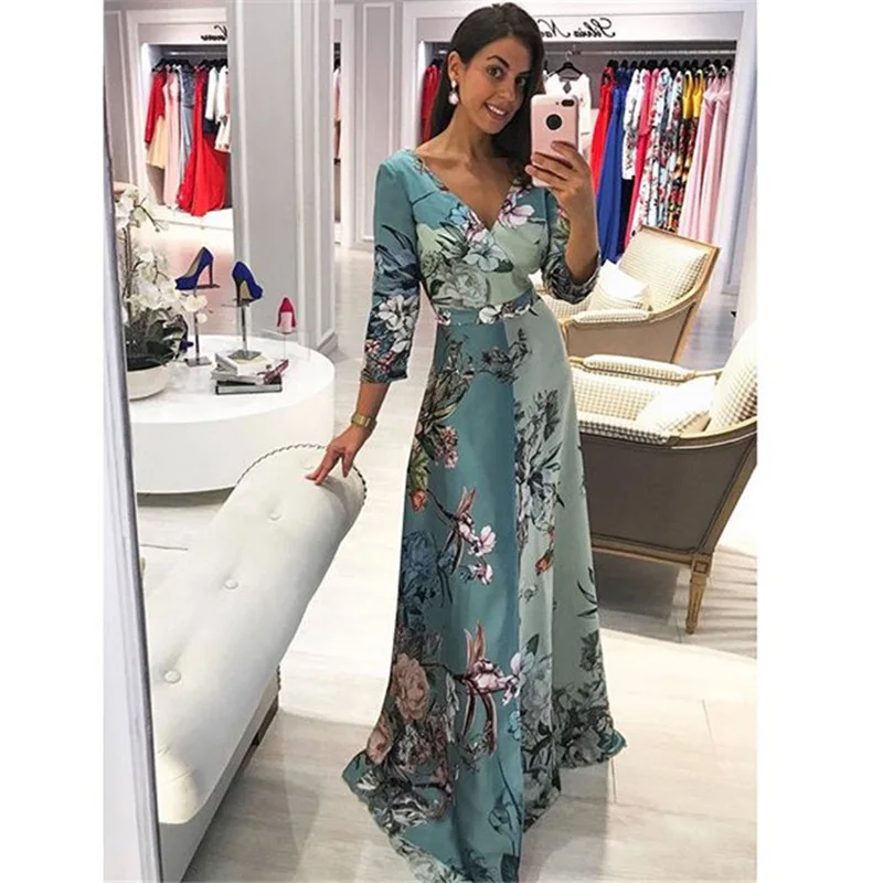 

2019 Women Evening Party Dresses Retro Floral Print Maxi Dress Ladies Patchwork Deep V-Dress Big Swing Dress Vestidos
