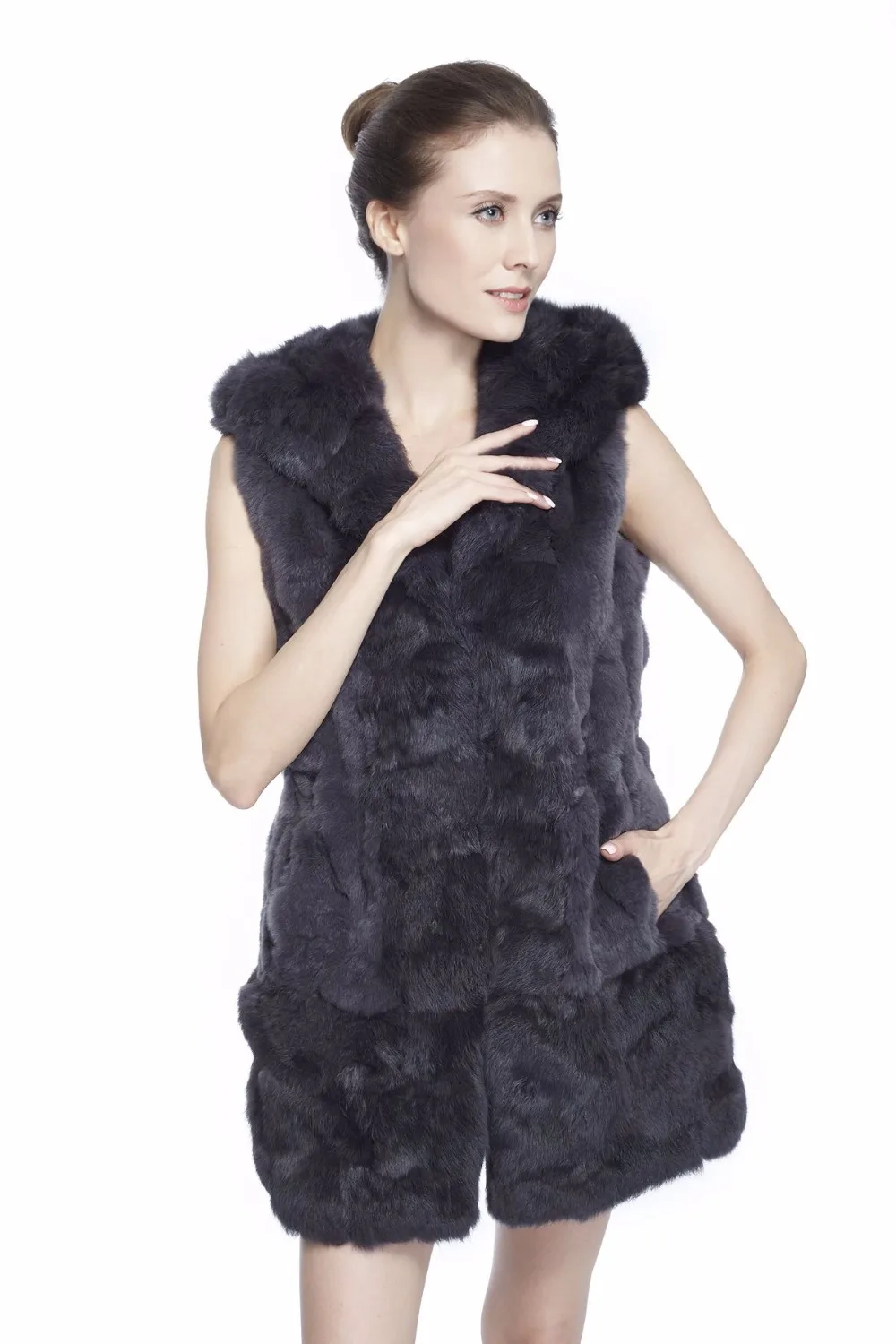 black puffer ZY88012 Women Elegant Real Winter Rex Rabbit Fur With Hooded Long Fur Vest Waistcoat Gilet Slim Fur Vest petite long puffer coat