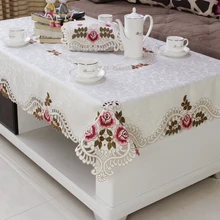 Home hotel dining wedding White Red Table Cloth with Lace Embroidered Floral Rectangular Tablecloth to covers