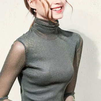 

ACRMRAC Women t-shirt Slim Autumn And Winter Solid color Mesh stitching Long sleeve Tops Tees Turtleneck Sexy T-shirt Women