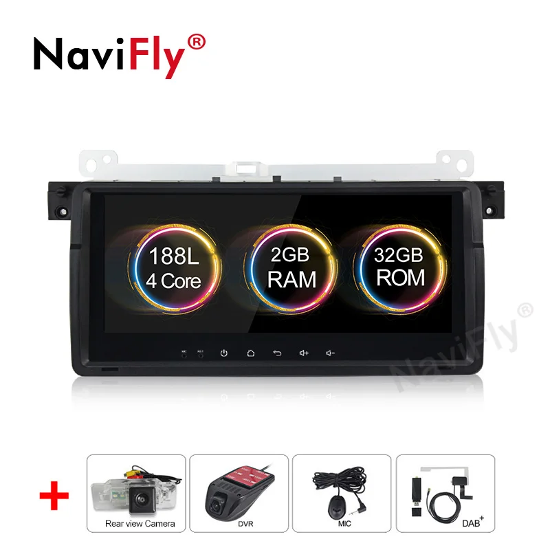 NaviFly 8,8 дюймов 2 ГБ+ 32 ГБ, Android 9,1 Автомобильный мультимедийный плеер для BMW E46 M3 318/320/325/330/335 Rover 75 1998-2006 TDA7851 7708IC - Цвет: Add camera DVR DAB