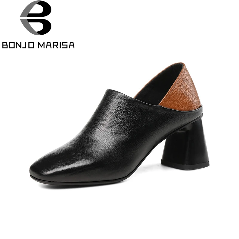 BONJOMARISA 2018 Spring Summer Brand Genuine Leather Women Mules Big Size 33-43 High Chunky Heels Pumps Shoes Woman bonjomarisa 2018 summer brand sexy women mules print patent leather pumps crystal high heels party wedding shoes woman