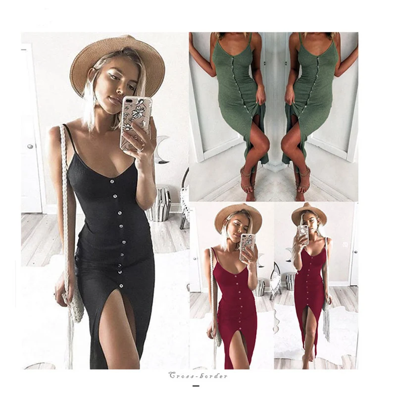 

Sexy Women Solid Sleeveless Split Package Hip Dress Spaghetti Strap Button Mid Calf Slim Dresses Summer Party Bodycon Vestidos