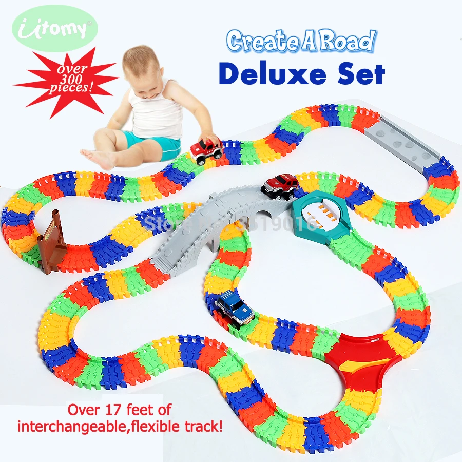 

Coaster DIY Deluxe Create A Road Bend Flexible track Toy 17 Ft Over 300PCS with 2 cars and mountain tunnel,Fully Customizable