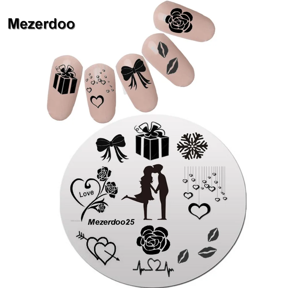

Lovers Nail Stencils Pretty Valentine Nail Art Polish Stamping Plates Round Stainless Steel Rose Heart Nail Plates Mezerdoo25