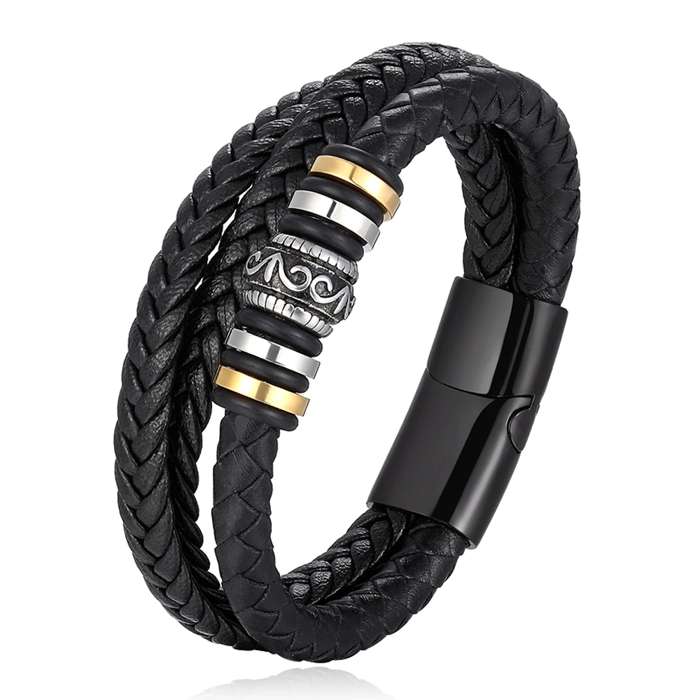 2019 New Fashion Leather Bracelet Men Weave Handmade Stainless Steel Leather Charm Bracelet For Men Jewelry Gift - Image 4