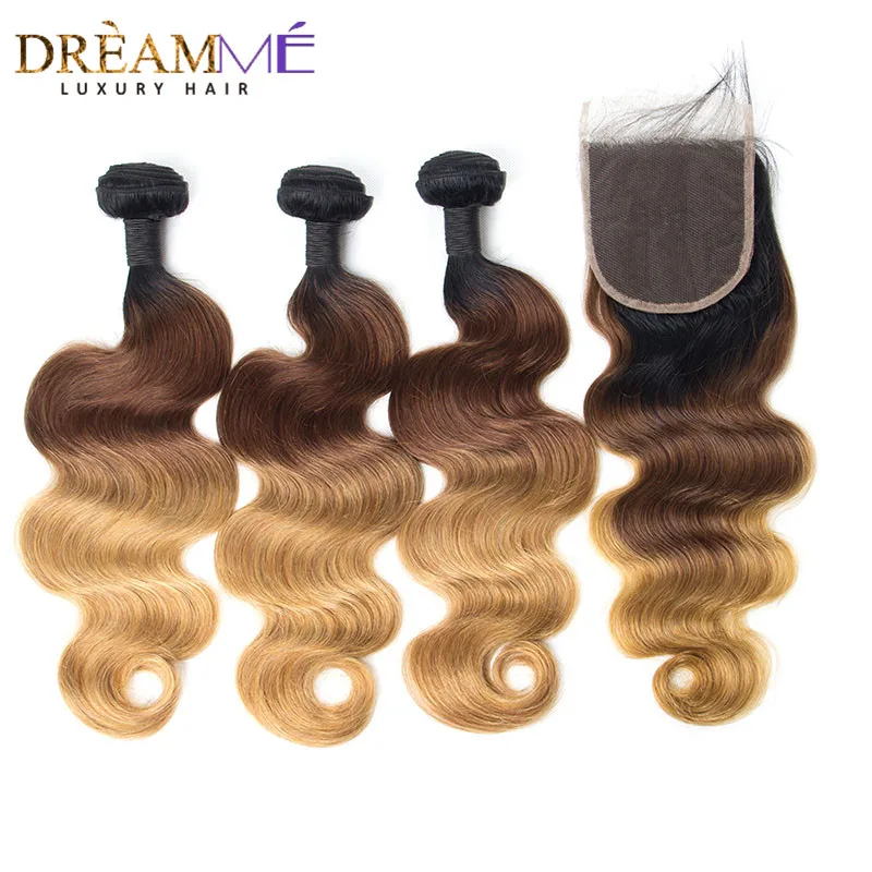 1B 4 27 Ombre цвет бразильские объемные волнистые человеческие волосы 3 пучка с 4X4 синтетическое закрытие шнурка 100% Remy человеческие волосы Weave