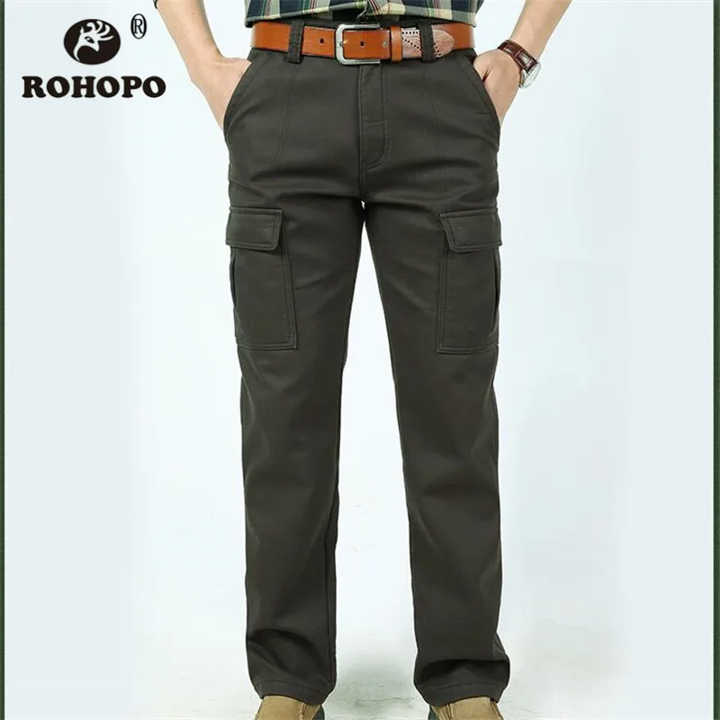 

Fleece Winter Pockets Pant Full Length 100% Cotton Military Straight Warm Thick Pure Cotton Cargo Pant Overall Trousers #42