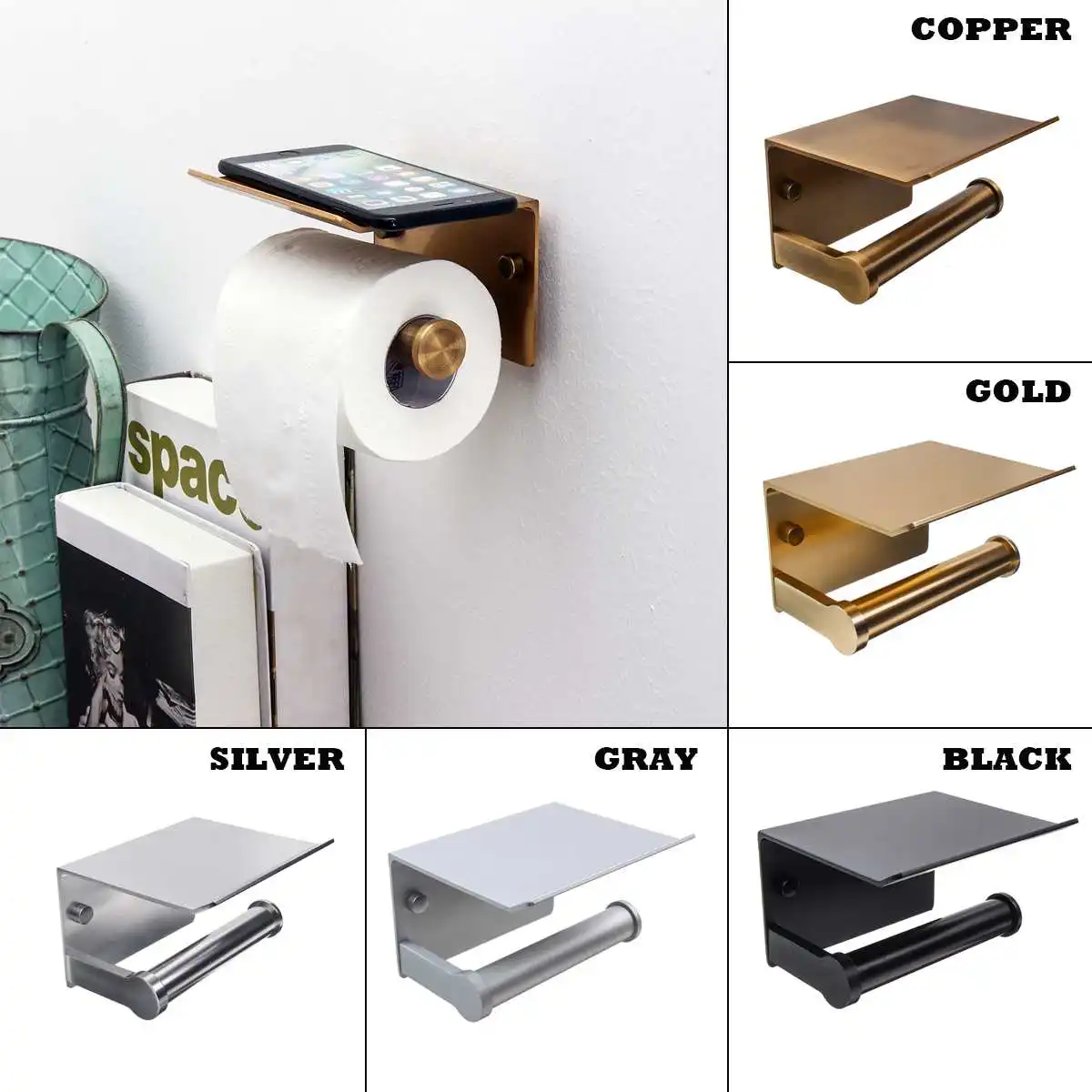 Paper Holders Bathroom Accessories Toilet WC Paper Holder Mobile Phone Roll Storage with Shelf Towel Rack Black ba&ntilde;o Wall Mount
