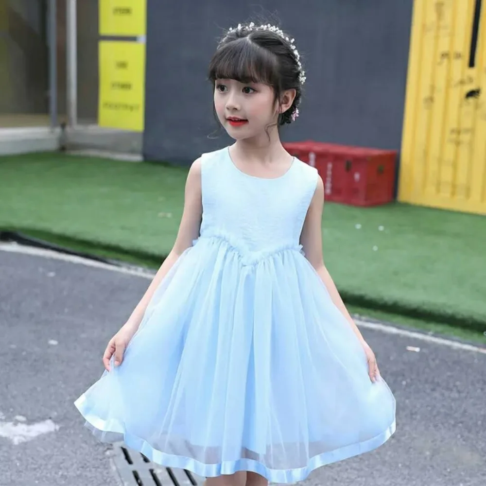 Летнее Сетчатое платье для маленьких девочек; платье принцессы без рукавов с круглым вырезом для свадебной вечеринки; детское богемное платье-пачка; цвет розовый, белый, синий