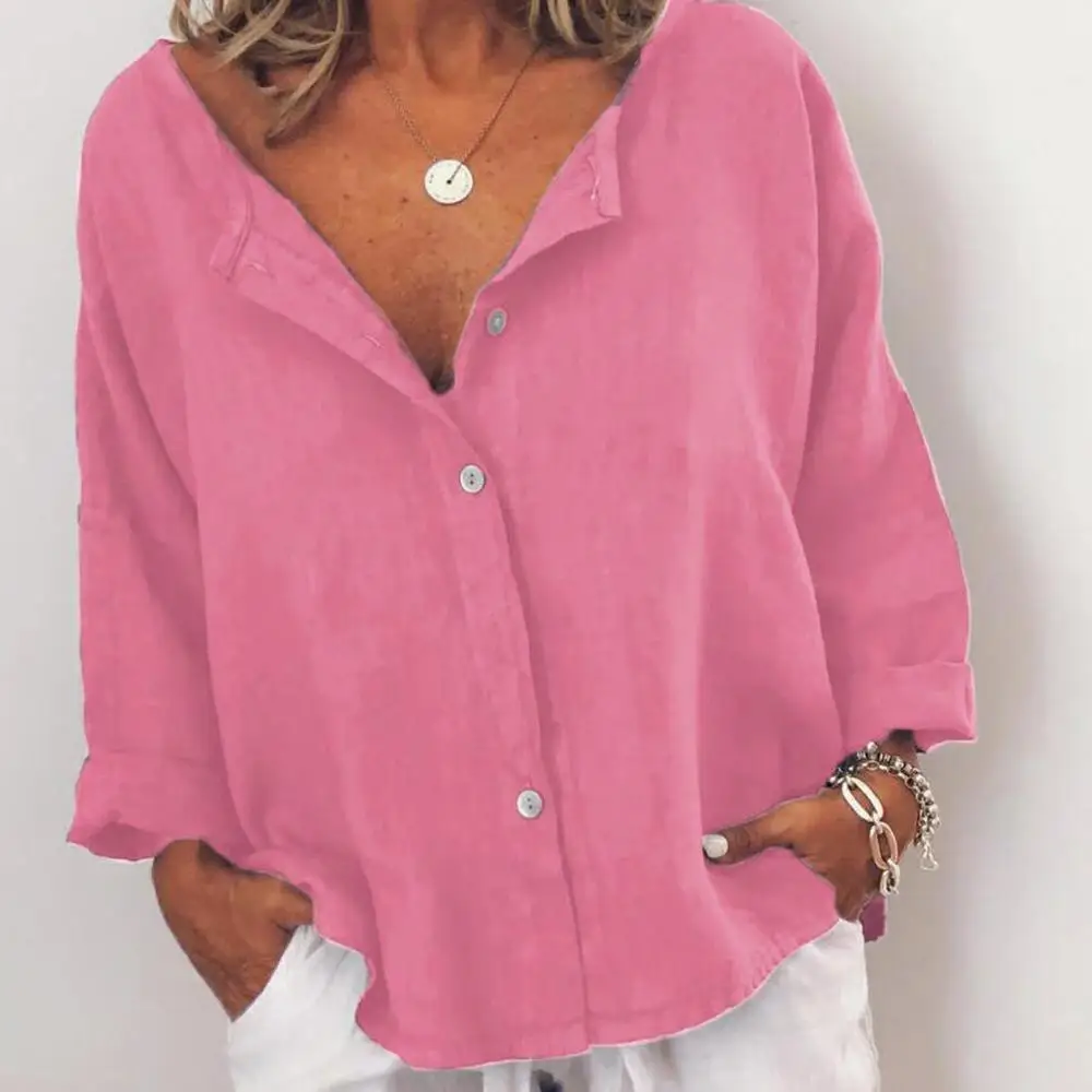 

Women Fashion Casual Cotton Linen Casual Buttoned-Decor Tops