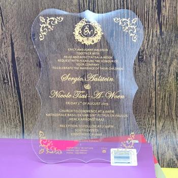 شراءجديد المنتج عالية الجودة الأكريليك الذهبي الزفاف دعوة بطاقة مع الذهب احباط علبة كرتون