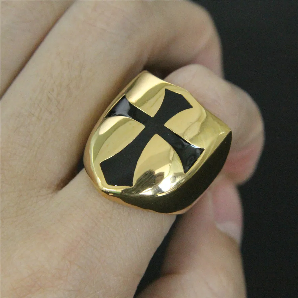 

1pc Support Dropship Golden Color Cool Shield Ring 316L Stainless Steel Jewelry Band Party Cross Shield Ring
