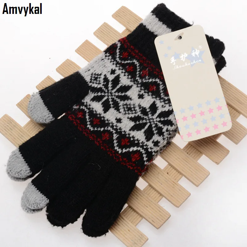 Amvykal Снежинка Варежки Зимние теплые перчатки с сенсорным экраном мужские и женские шерстяные вязаные перчатки для Apple iphone ipad Tablet PC Phone