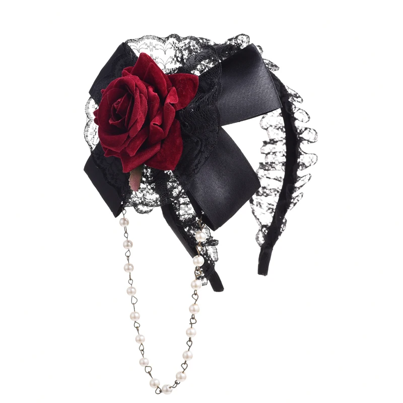 

Lolita Rose Hairbands Floral Women Lace Beaded Chain Hair Accessories Vintage Headband Goth