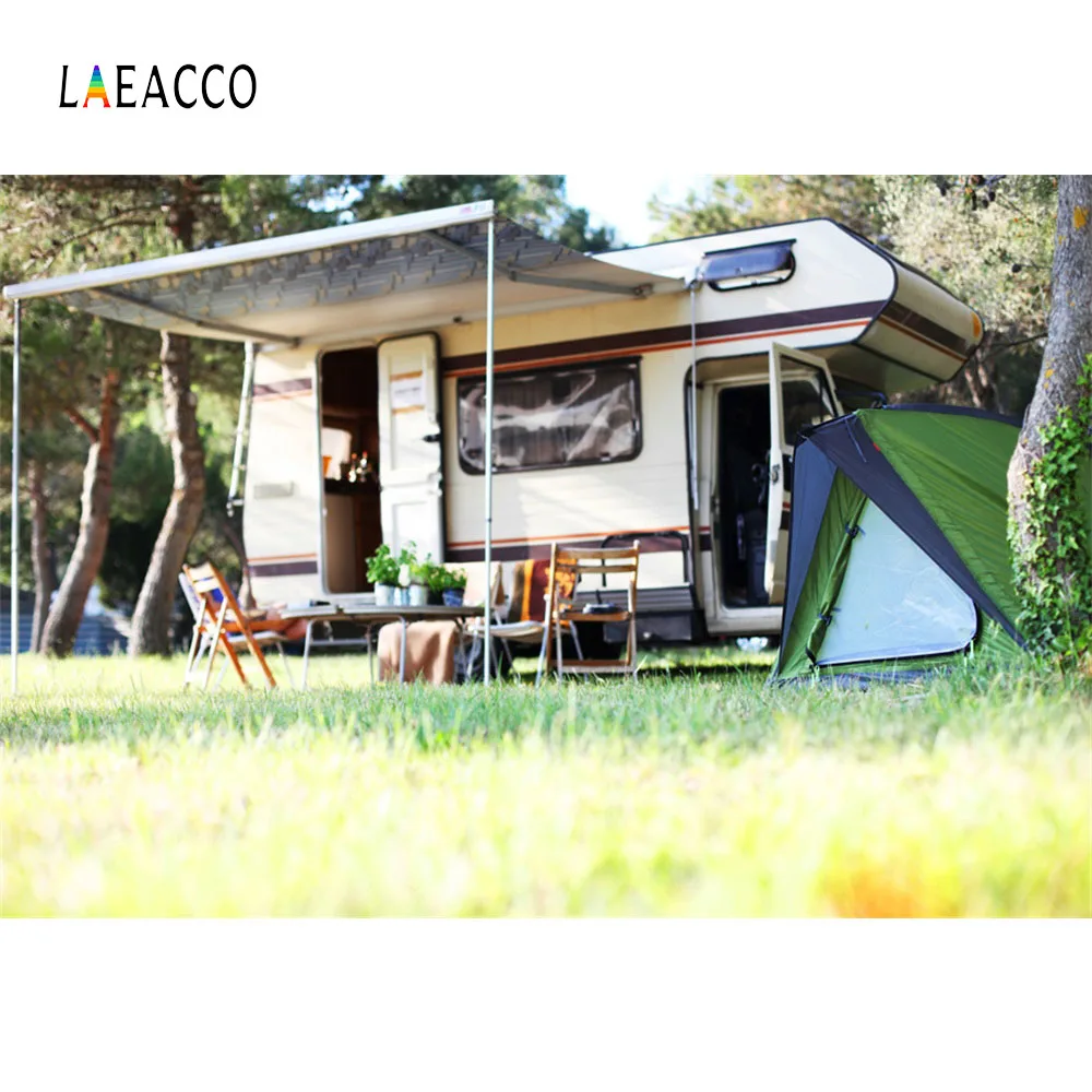 

Laeacco Forest Recreational Vehicle Tent Camping Portrait Seamless Photographic Background Photography Backdrop For Photo Studio