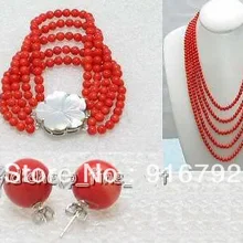 Красный коралл 5 ряда ожерелье браслет серьги(C0322
