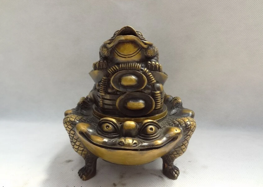 

song voge gem S3141 Chinese Bronze Buddhism Wealth YuanBao Hoptoad Toad Statue Incense Burner Censer