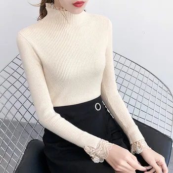 

Lace Patchwork Knitted Sweater Pullover Women Solid Turtleneck Long Sleeve Sweaters Autumn Winter Casual Women Sweater