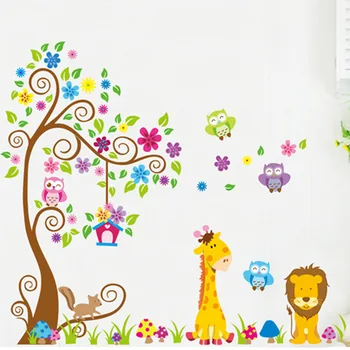 

Top Big Size Flower Colorful Tree Cartoon Amimal Tiger Squirrel Wall Sticker for Kids Room Cute Children Decal Wallpaper