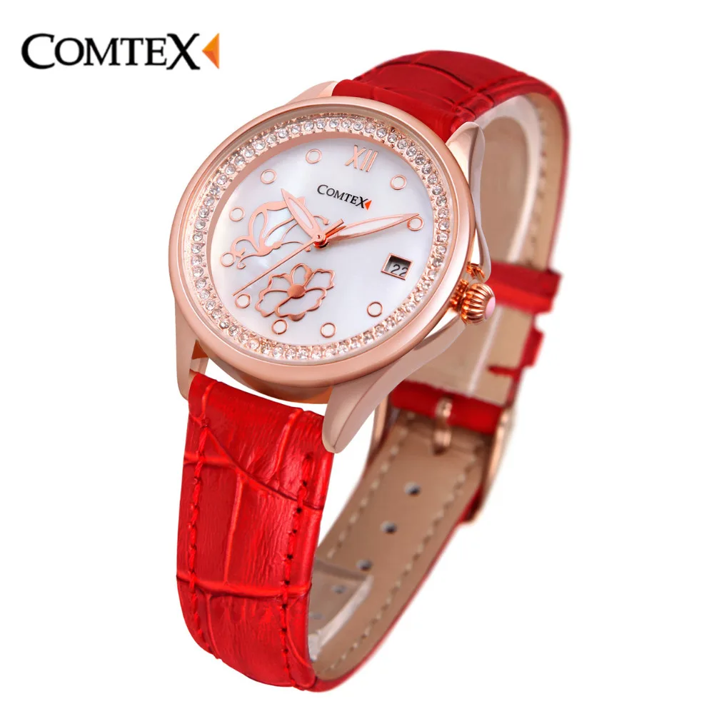 

Comtex Brand Elegant Women Watches Casual Red Leather Fashion Shell Dial Face Gold Silver Case Quartz Watch With Calendar