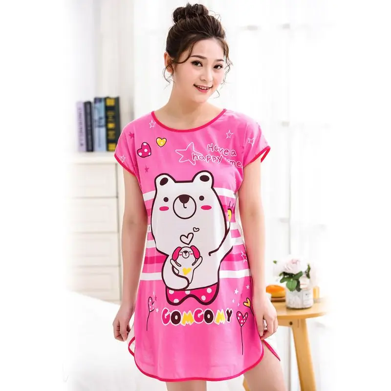 Женская ночная рубашка с коротким рукавом из молочного волокна для девочек, Студенческая, милая, мультяшная, с животными, двусторонняя, с принтом, одежда для сна, с разрезом по бокам, свободная