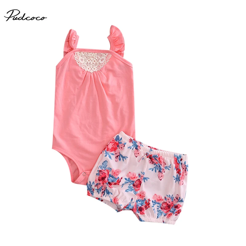2017 summer baby girls clothing set cotton kids Floral Lace Tops Romper