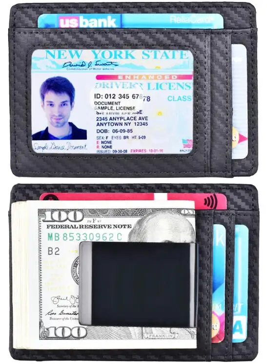 Кожа передний карман кошелек зажим для денег RFID Блокировка Сильный магнит клип ультра-тонкий Пояса из натуральной кожи ID Дело - Цвет: Carbon Fiber 6