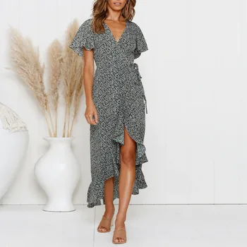 

sexy dress Womens Boho Beach Sundress Ladies Floral Irregularity V-Neck Party Maxi Dress fashion trendy summer beach dress @7
