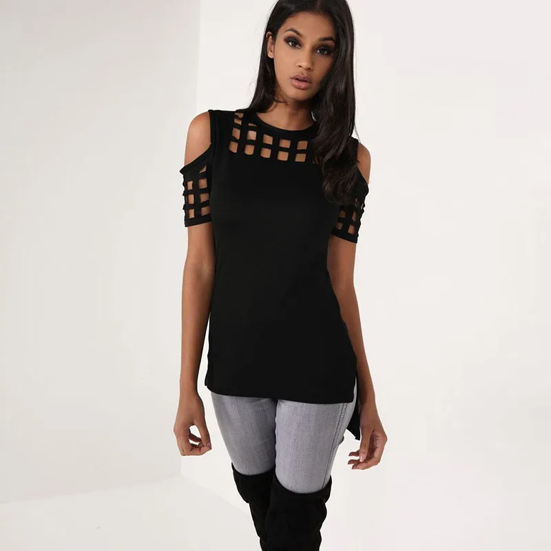 Ahmagen Summer Woman Fashion Off Shoulder Top Ladies Tee Shirts Casual Short Sleeve T Shirt Black Crew Neck Asymmetric Hem T-shirt06