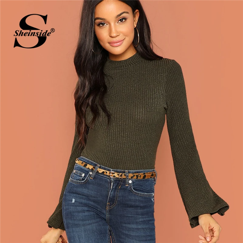 

Sheinside Green Ribbed Knit Mock Tops Women Long Sleeve Tee Shirt 2018 Autumn Womens Shirts Stand Collar Casual Ladies T-shirt