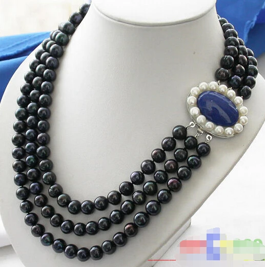 

HOT## Wholesale >>> 3row 11mm black ROUND FRESHWATER CULTURED PEARL NECKLACE LAPIS p2014