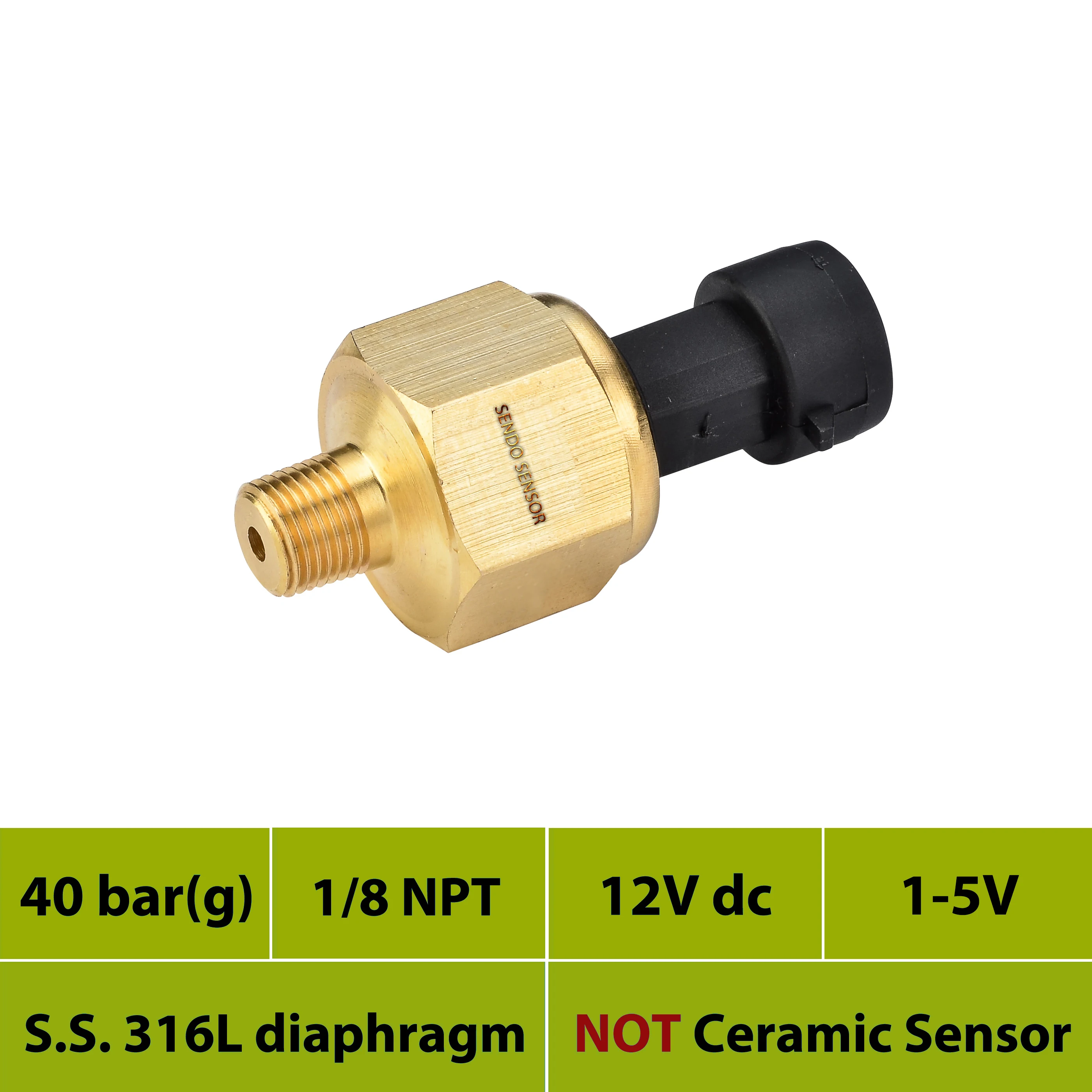 

silicon piezoresistive pression sensor, 40bar, 4 Mpa gauge, packard, 1 5V output, 1 8 NPT thread, Stainless steel 316L diaphgram