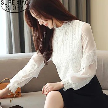 

blusas mujer de moda 2019 womens tops and blouses Office Lady Lace Patchwork Stand Puff Sleeve chiffon blouse Lace Full 1871 50