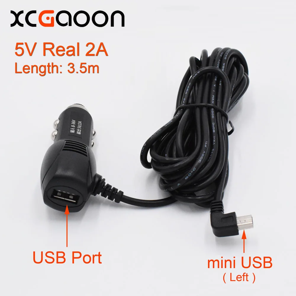 XCGaoon mini USB(слева) Автомобильное зарядное устройство для автомобиля dvr камера/gps с usb-портом 5 в настоящий 2A вход DC 12 В 24 В, длина кабеля 3,5 м