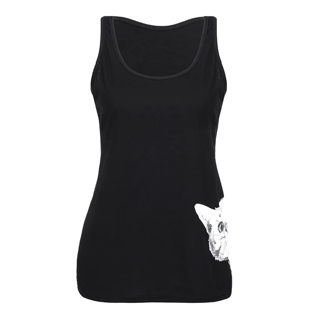 CUCUHAM Fashion Women O-Neck Sleeveless Cold Shoulder Cat Pattern Print Crop Tank Top CUCUHAM Fashion Women O-Neck Sleeveless Cold Shoulder Cat Pattern Print Crop Tank Top