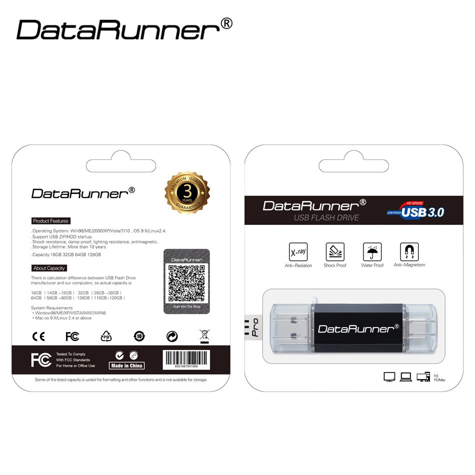 Флеш накопитель DataRunner type C OTG USB 16 ГБ 32 64 Гб 128 256 с двумя разъемами Usb Stick 3 0 Флешка для