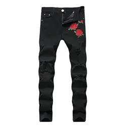 Торговля Мужская модная уличная одежда хип хоп обтягивающие потертые джинсовые брюки новая вышивка розы Ковбой Отверстие черные стрейч