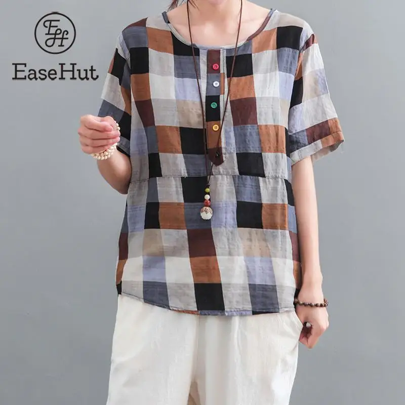 

EaseHut Plus Size Summer Blouse Colorful Plaid Print Patchwork Buttons Loose Ladies Tops Retro Fashion Short Sleeve Shirts Blusa