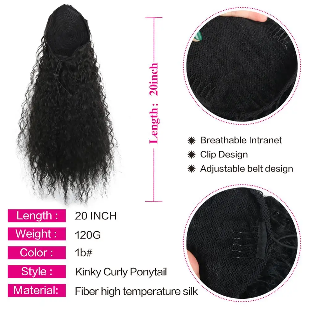 Deyngs Synthetic Long Kinky Curly ponytail 20 inch 120g long draw string ponytail with clips in high puff ponytail hair exte