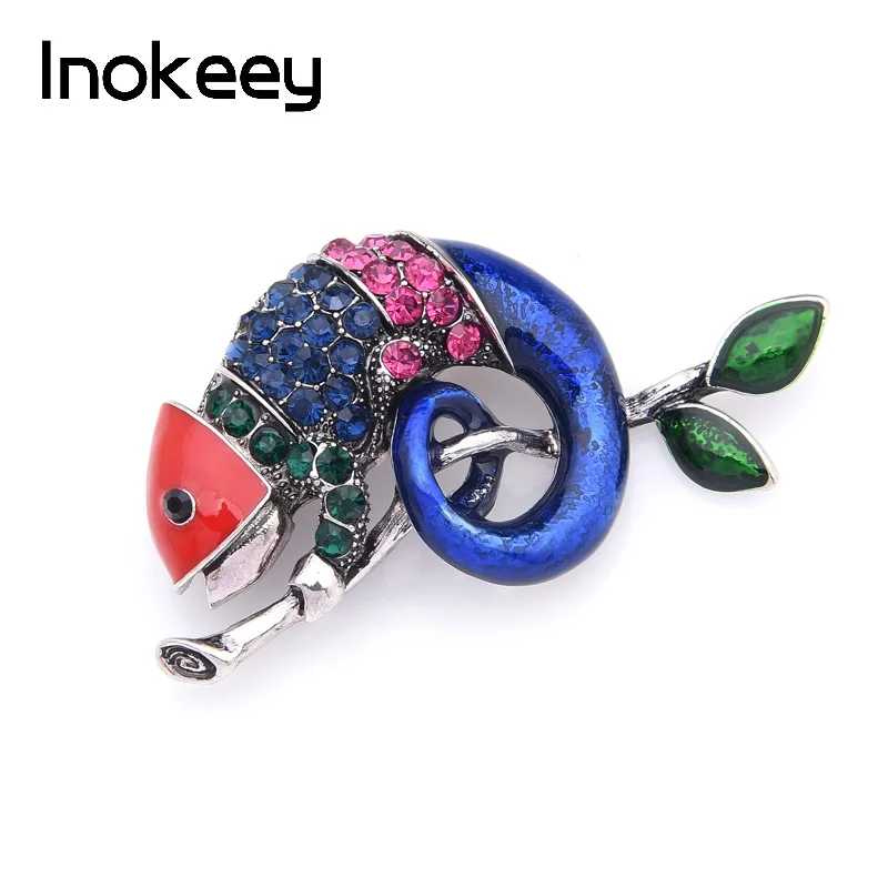 Inokeey синяя Эмаль Хамелеон стразы животное брошь булавки для женщин модные