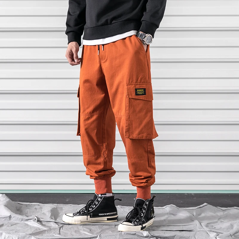 Calças dos Homens Tornozelo com Banda Primavera Carga Algodão Confortável Joggers Calças Laranja Preto Muitos Bolsos Homem Casual A913