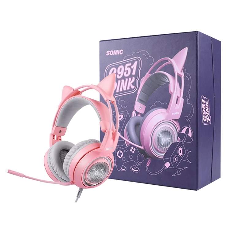 SOMIC G951 розовые кошачьи наушники виртуальной 7,1 с шумоподавлением, игровые наушники, вибрация, светодиодный, USB гарнитура, наушники для девочек, для ПК - Цвет: with Retail Box