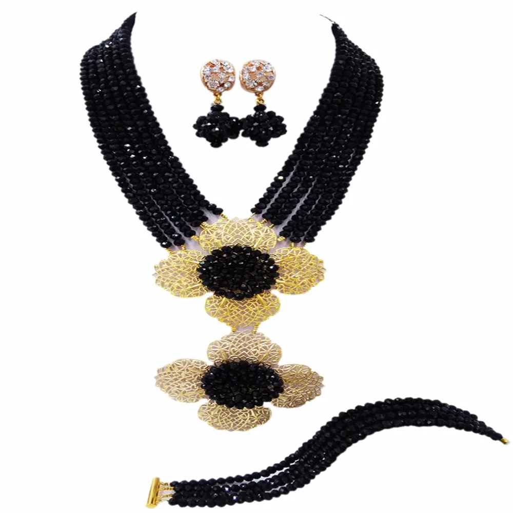 

Wholesale Black Nigerian African Wedding Beads Jewelry Set African Costume Necklace Set for Women Free Shipping 6C-2DH013