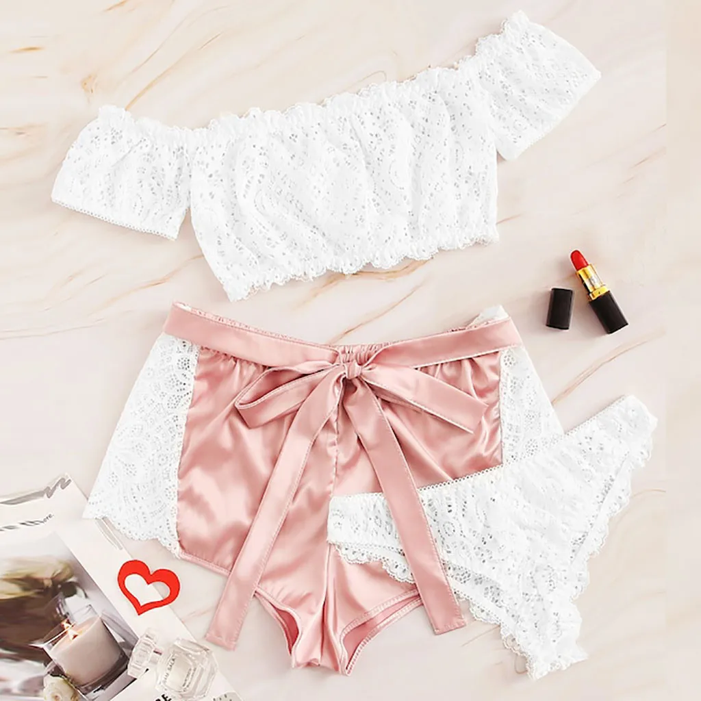 

3pcs Pajamas Set Crop Tops+Short+Briefs Lace Satin Sexy Sleepwear Sweet Cute Pink Nightwear 2019 New Pijamas Feminino