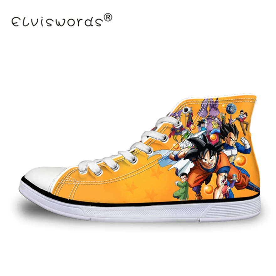 

ELVISWORDS Dragon Ball Z Print Mens High-top Vulcanized Shoes Cool Super Saiyan Son Goku Canvas Flats Sneakers for Men Boy