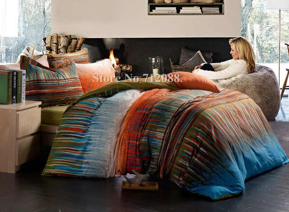 Free Shipping Newest Blue Orange Stripe Modern Bed Sheets Linen