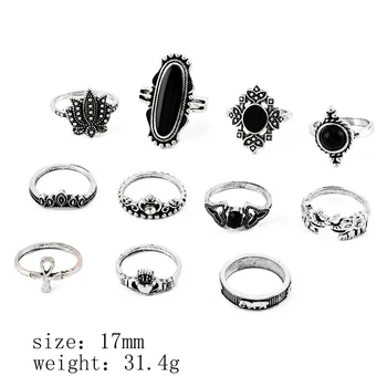 11 Pcs/Set Women Rings Vintage Elephant Heart Lotus Crown Crystal Geometry Joint Silver Color Ring Set  Bohemia Jewelry