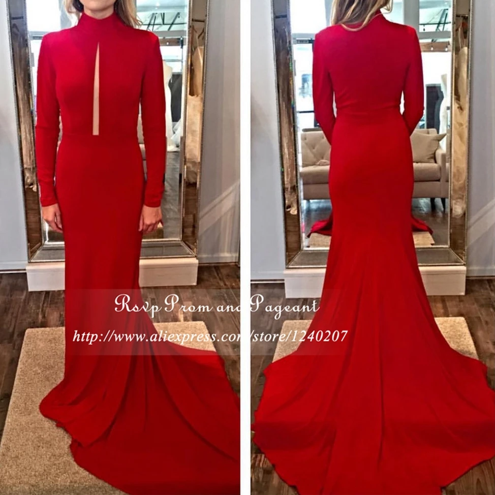 Red Long Elegant Prom Dresses 2017 Stretch Satin High Neck Long Sleeve Cheap Floor Length Gowns