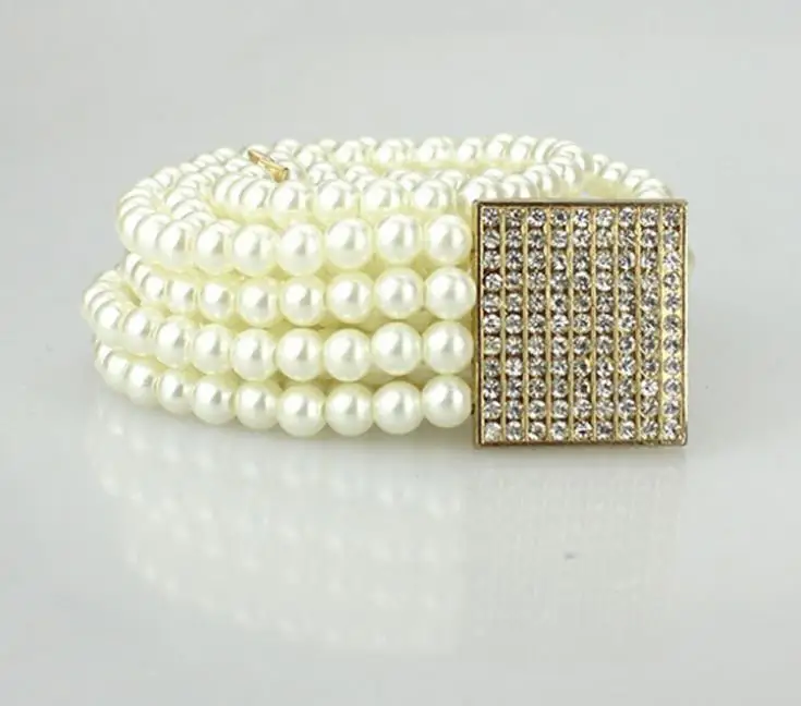 

10pcs/lot Wedding Bride Beads Waistband Belt Four Lines Faus Pearls Sash With Crystal Square Buckle Woman's Waist Chain jy026